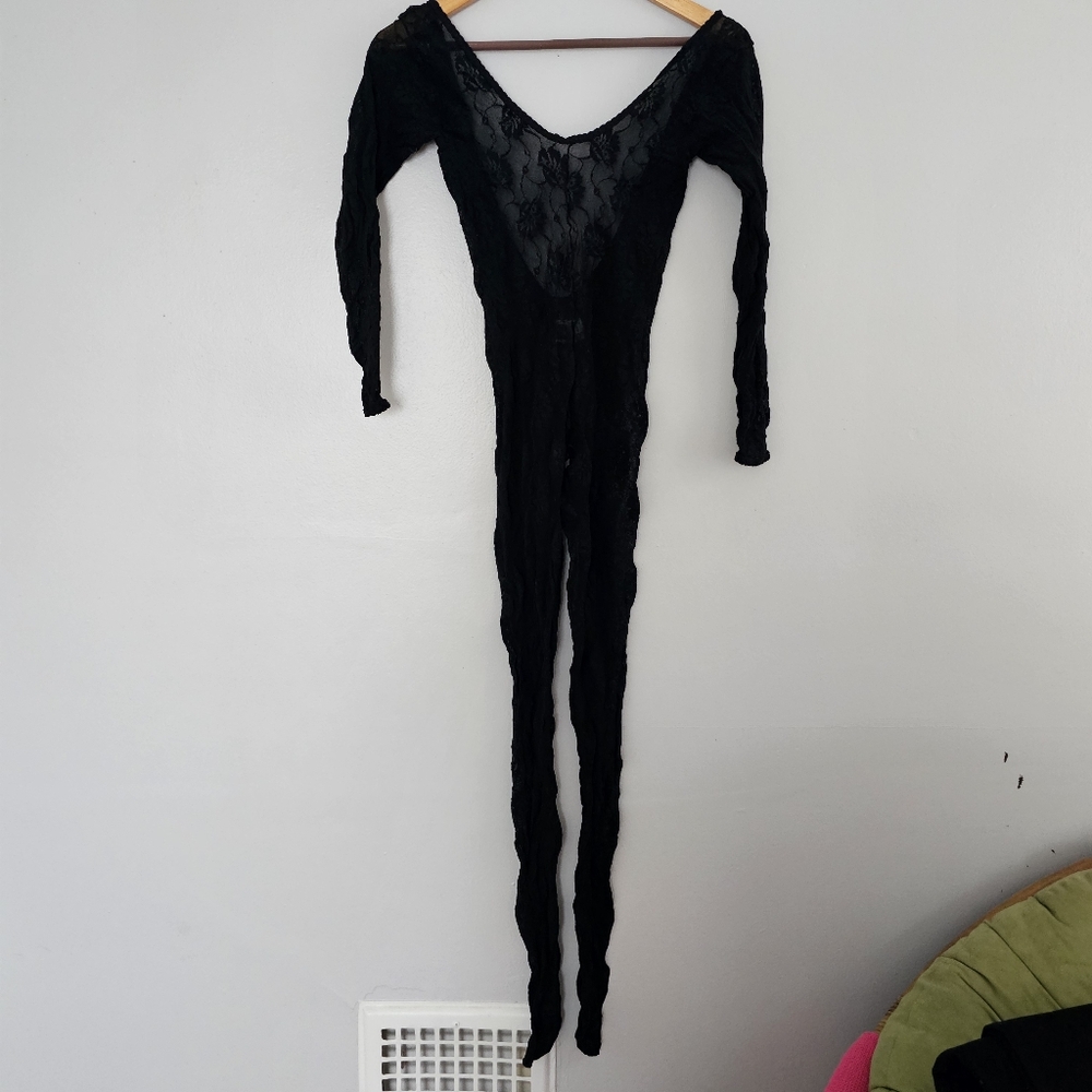 Vintage Frederick's of Hollywood crotchless full body stocking black lace medium